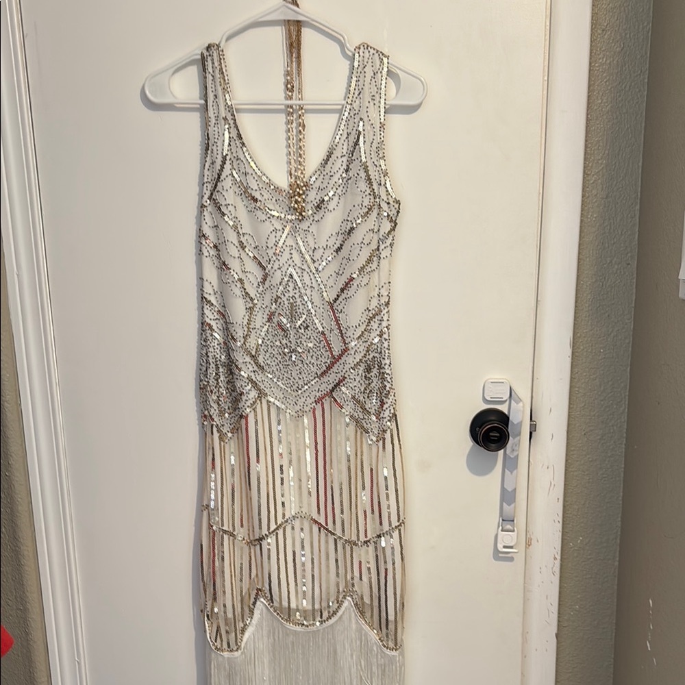 Glamorous Beaded Dress in Silver and Cream